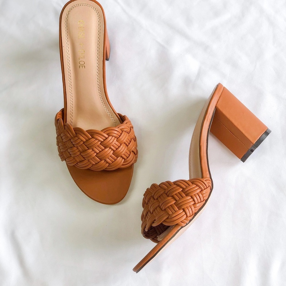 Chase + Chloe | Tan Heeled Shoes with Woven Design - Picture 1 of 7
